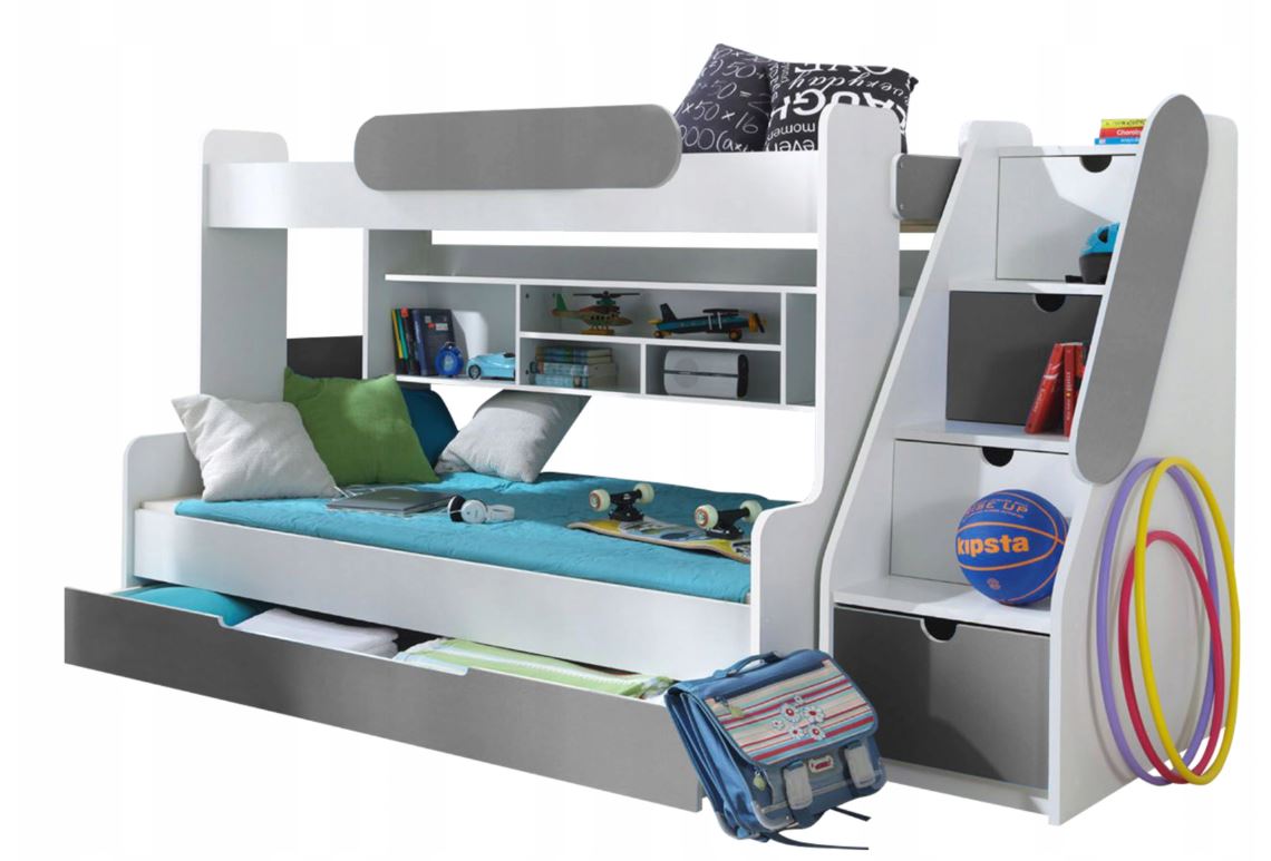 Detská poschodová posteľ s rozšíreným spodným lôžkom a šuplíkom SEGAN bielo-šedá - 200x90/120 cm