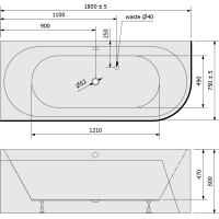 Polysan VIVA L MONOLITH asymetrická vaňa 180x75x60cm, šedá 72099M.30