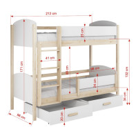 Detská poschodová posteľ z masívu borovice JORDAN so šuplíkmi - 200x90 cm - biela/dub artisan