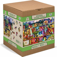 WOODEN CITY Drevené puzzle Police s knihami o hľadaní pokladu 2v1, 1010 dielikov EKO