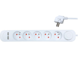 Solight predlžovací prívod 5 zásuviek, USB A+A nabíjačka 12W, 3m, 3 x 1mm2, biely, vypínač