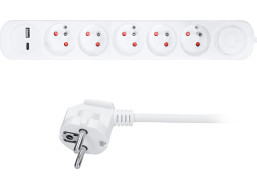 Solight predlžovací prívod 5 zásuviek, USB A+C nabíjačka 12W, 3m, 3 x 1mm2, biely, vypínač