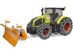 Bruder Claas Axion 950 so snehovými reťazami a radlicou