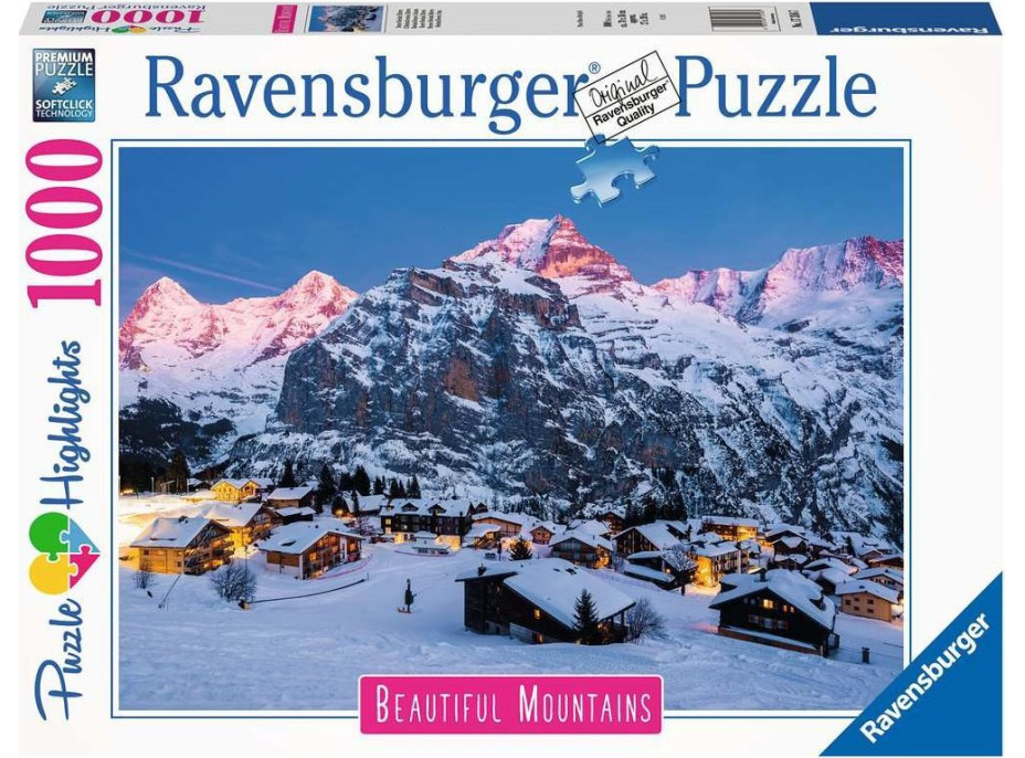 RAVENSBURGER Puzzle Dych vyrážajúce hory: Bernská vysočina, Murren vo Švajčiarsku 1000 dielikov