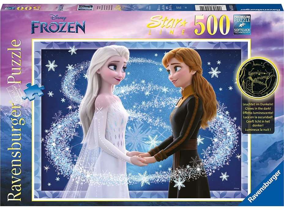 RAVENSBURGER Svietiace puzzle Ľadové kráľovstvo: Sestry Anna a Elsa 500 dielikov