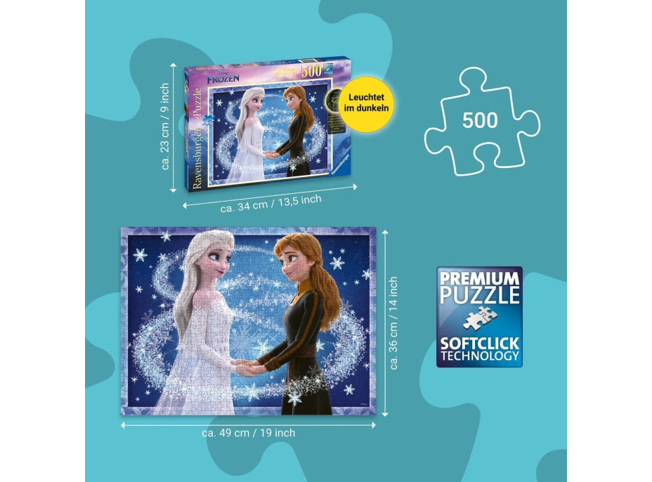 RAVENSBURGER Svietiace puzzle Ľadové kráľovstvo: Sestry Anna a Elsa 500 dielikov