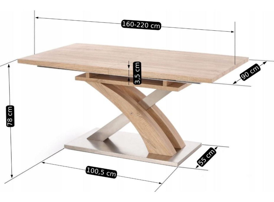 Jedálenský stôl SANDY - 160(220)x90x77 cm - rozkladací - dub sonoma