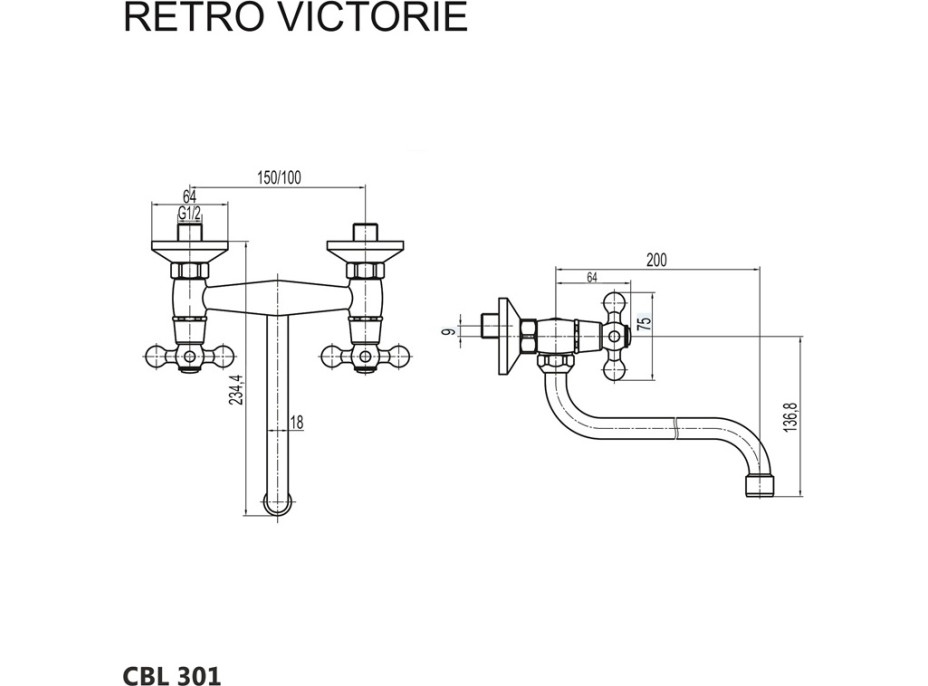 Kuchynská drezová batéria RETRO VIKTORIE - ramienko 20 cm - chrómová