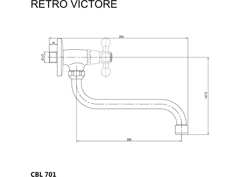 Umývadlový nástenný kohútik RETRO VIKTORIE - ramienko 20 cm - chrómový