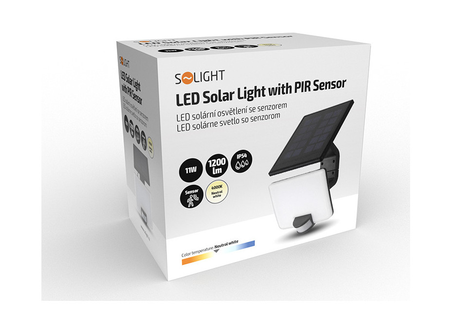 LED solárne osvetlenie so senzorom, 11W, 1200lm, Li-on, čierna