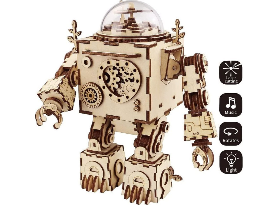 ROBOTIME Roker Svietiace 3D drevené puzzle Robot Orpheus (hracia skrinka) 221 dielikov