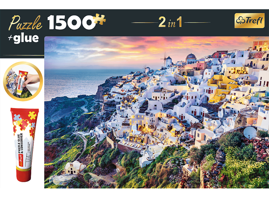 TREFL Sada 2v1 puzzle Nádherný ostrov Santorini, Grécko 1500 dielikov s lepidlom