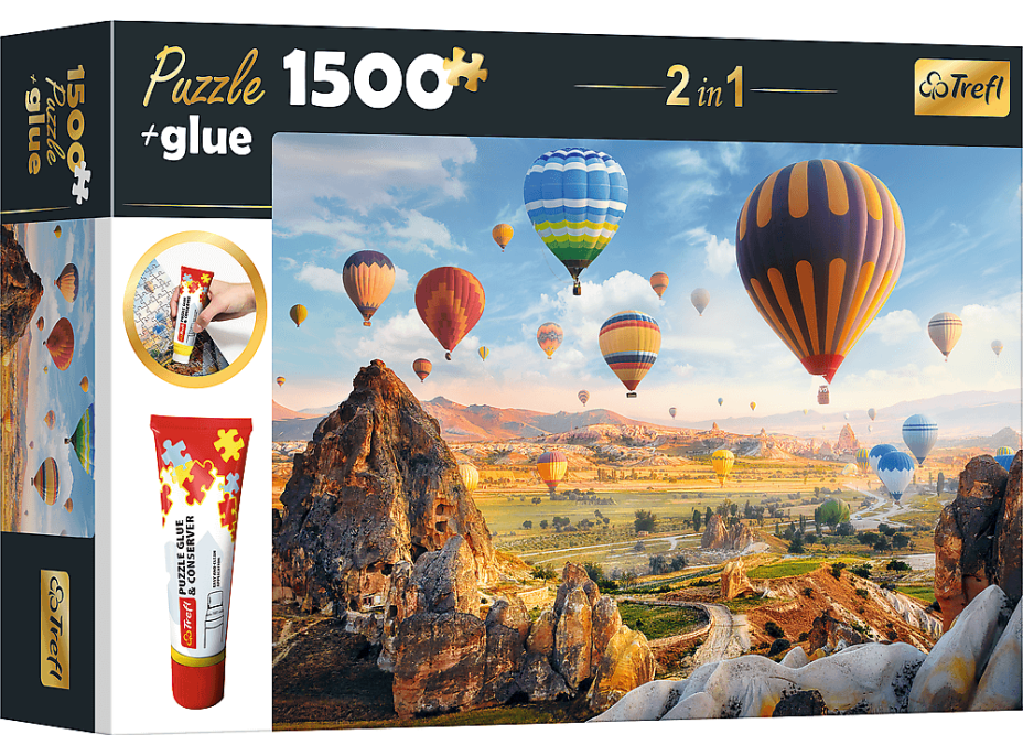 TREFL Sada 2v1 puzzle Tajomná Kapadokia 1500 dielikov s lepidlom