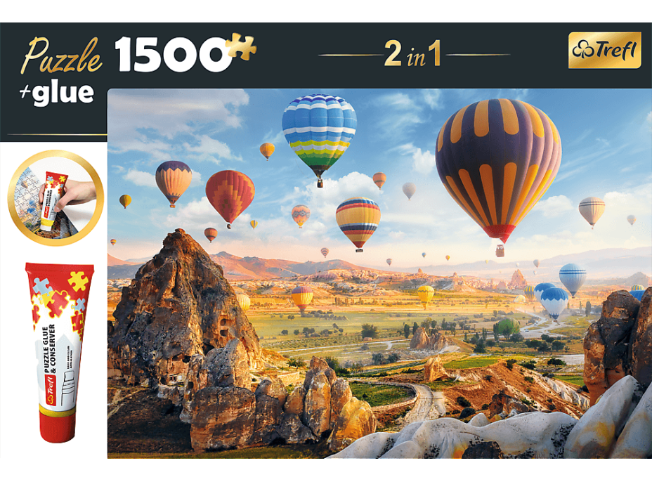 TREFL Sada 2v1 puzzle Tajomná Kapadokia 1500 dielikov s lepidlom