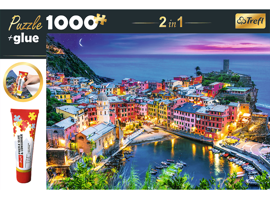 TREFL Sada 2v1 puzzle Vernazza, Ligúria, Taliansko 1000 dielikov s lepidlom