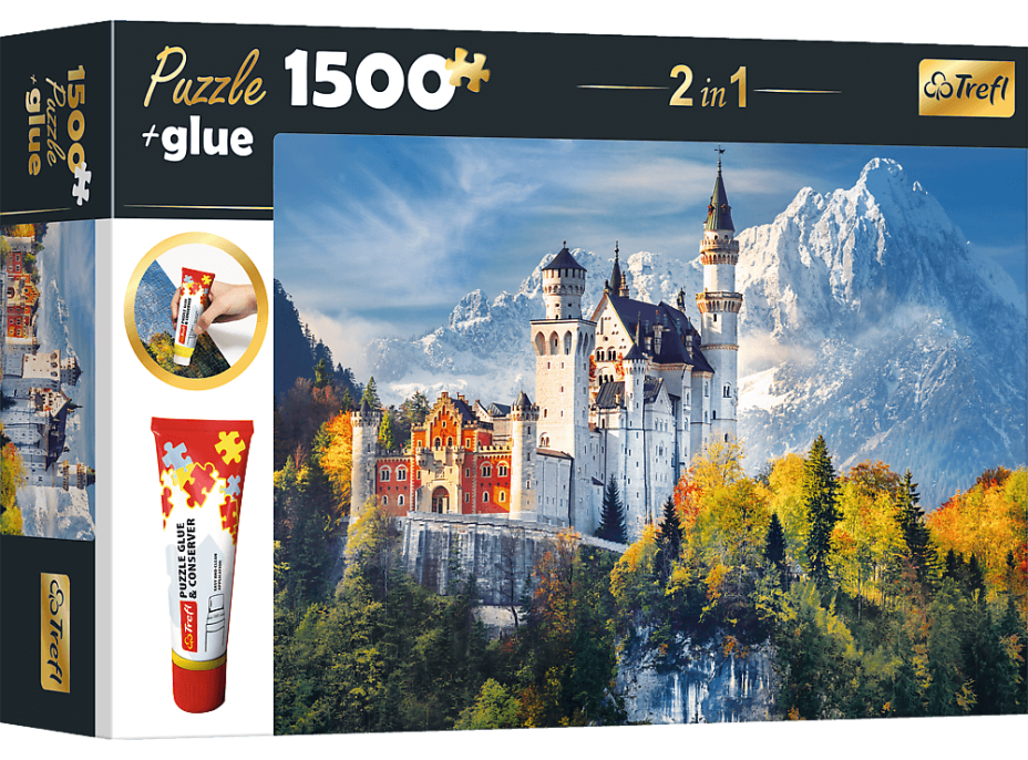 TREFL Sada 2v1 puzzle Zámok Neuschwanstein na jeseň 1500 dielikov s lepidlom