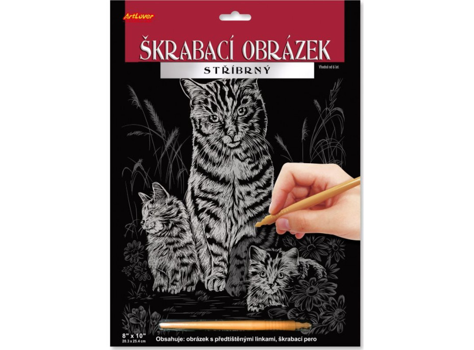 ARTLOVER Škrabací obrázok strieborný Mačka s mačiatkami 20x25cm