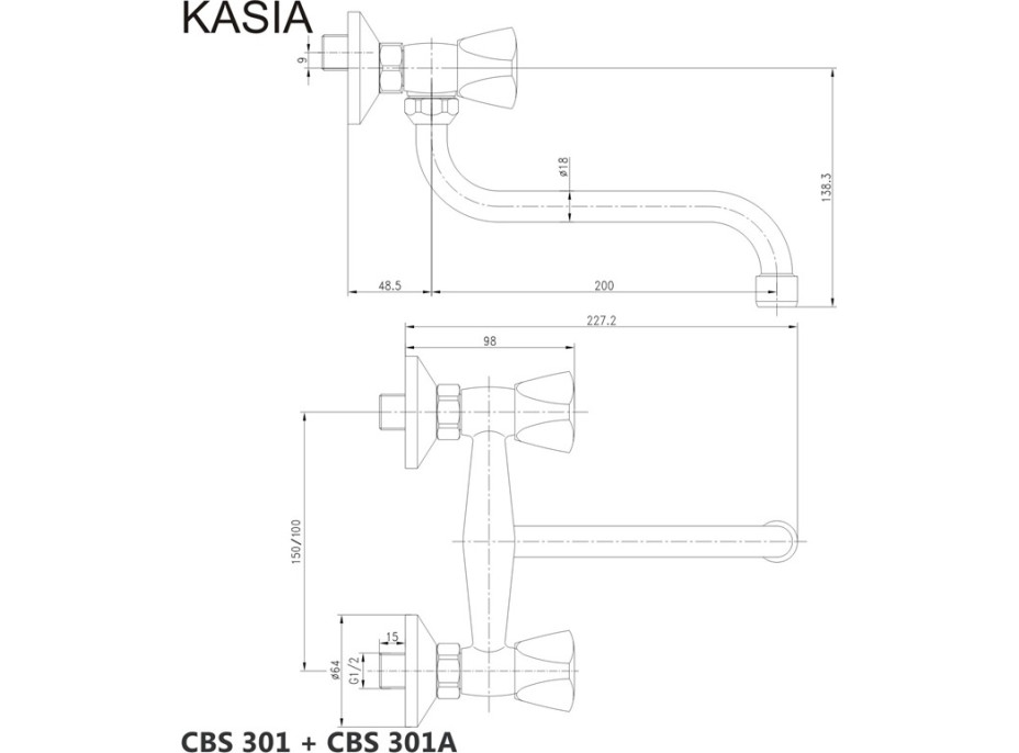 Kuchynská drezová nástenná batéria KASIA - ramienko 20 cm - chrómová