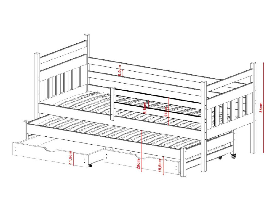 Detská posteľ z masívu borovice DAN s prístelkou a šuplíky - 200x90 cm - biela