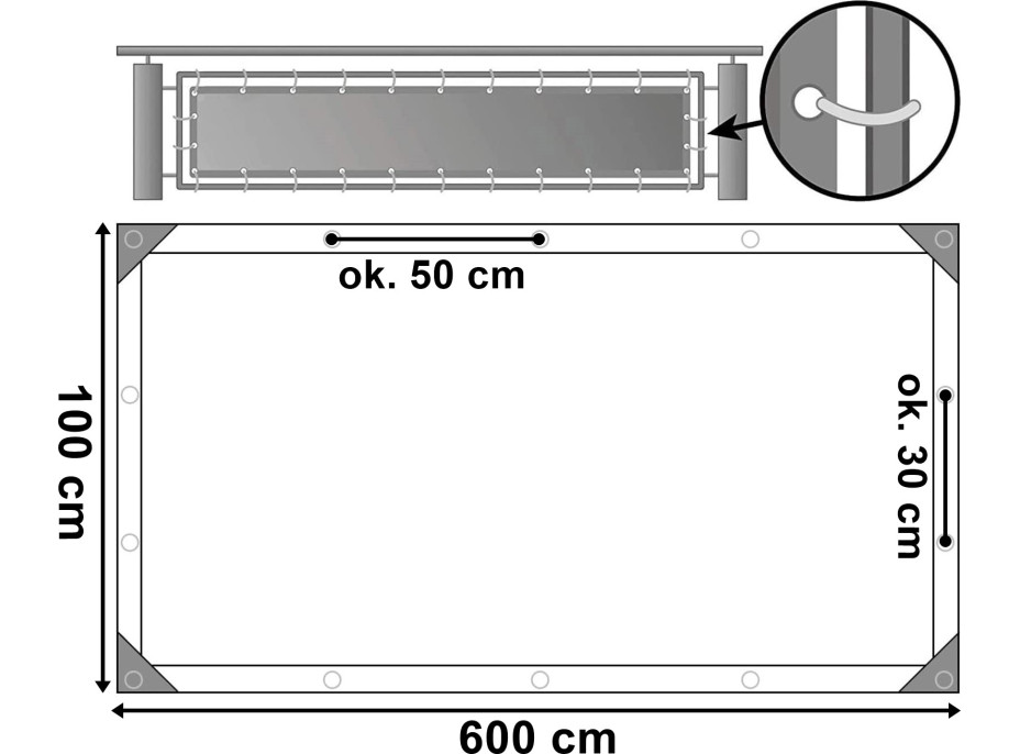 Šedá balkónová zástena 1 x 6 m