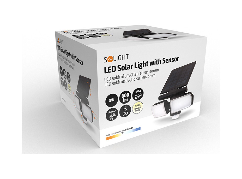 LED solárne osvetlenie so senzorom, 8W, 600lm, Li-on, čierna