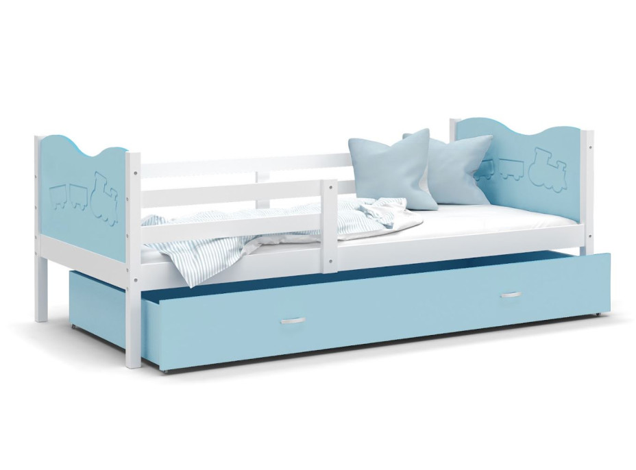 Detská posteľ so zásuvkou MAX S - 200x90 cm - modro-biela - vláčik