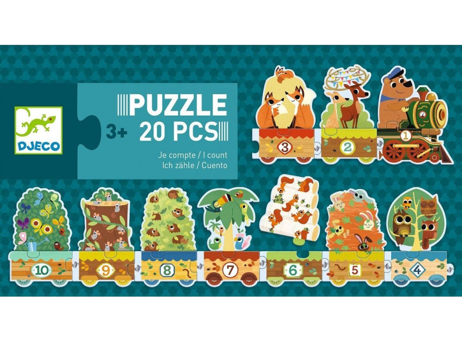 DJECO Puzzle Vlak so zvieratkami a číslami 20 dielikov