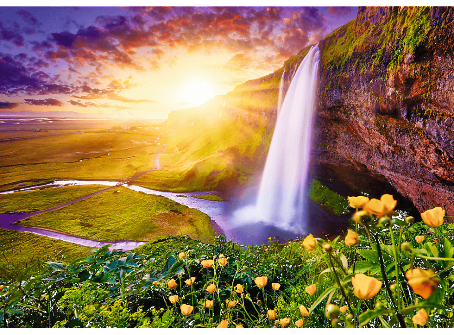 TREFL Puzzle UFT Romantic Sunset: Seljalandsfoss vodopády, Island 1000 dielikov