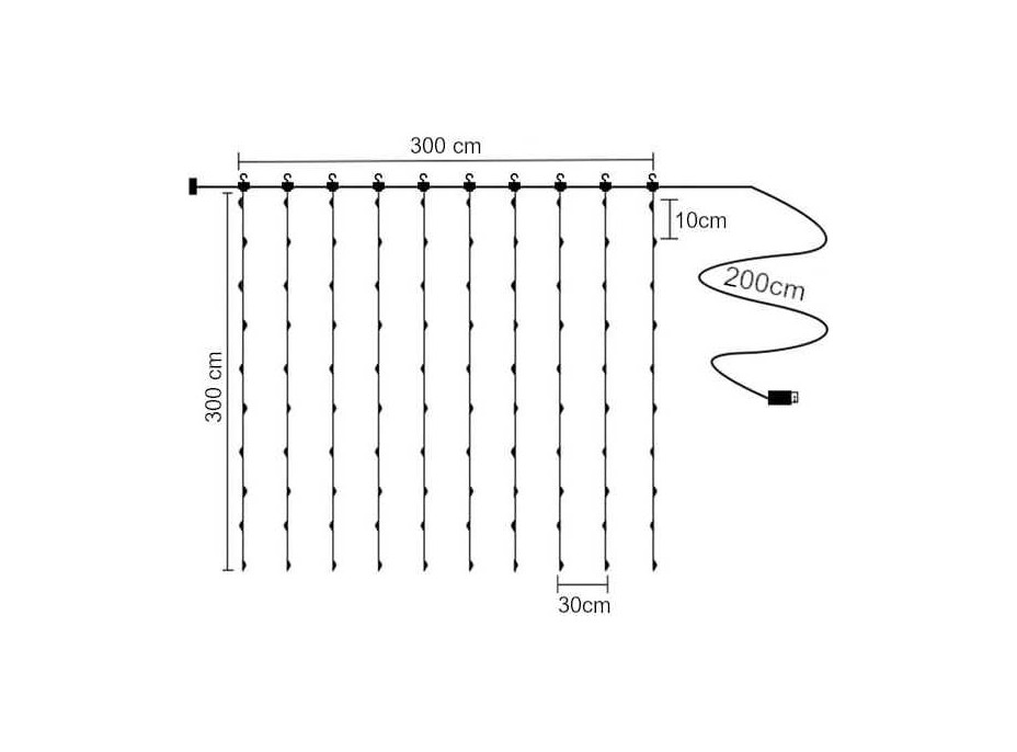 Svetelný záves na drôtiku s diaľkovým ovládačom 3x3 m - 300 LED - studená biela