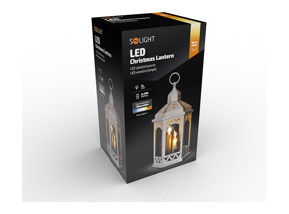 LED vianočný lampáš biely, 33cm, 3x LED sviečka