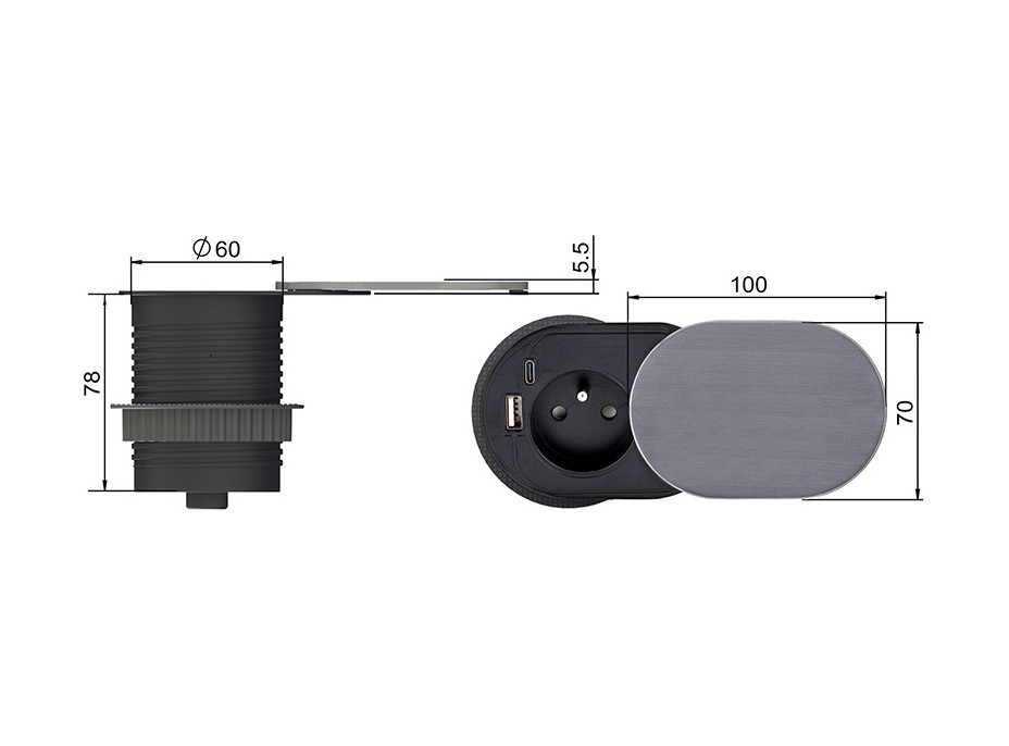 Vstavaná zásuvka s posuvným viečkom, USB A+C nabíjačka, 2m, strieborná