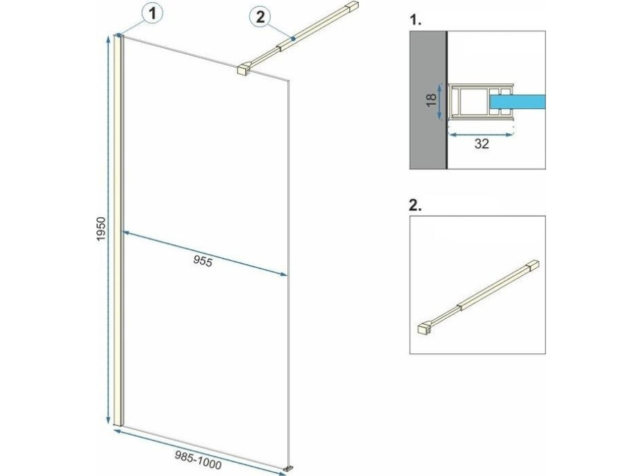 Kúpeľňová pevná zástena Rea AERO 100 cm - brúsená zlatá - číre sklo