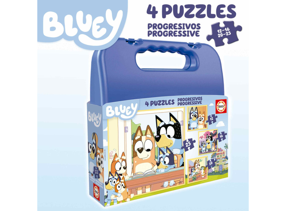 EDUCA Puzzle v kufríku Bluey 4v1 (12,16,20,25 dielikov)