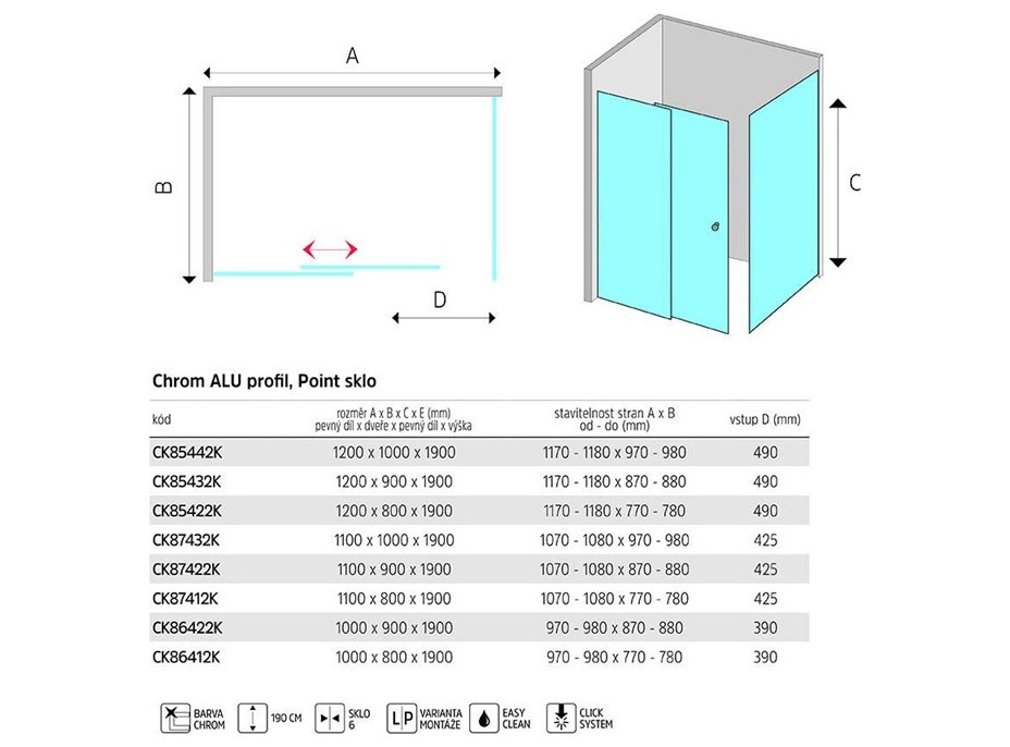 Sprchový kout LIMA - obdélník - chrom/sklo Point - posuvné dveře