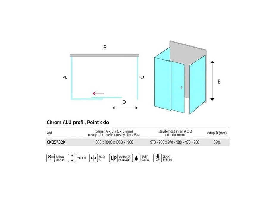 Sprchovací kút na stenu LIMA - 100x100x100 cm - chróm/sklo Point - posuvné dvere