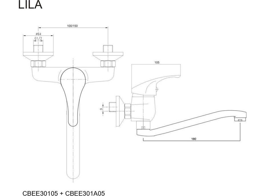 Kuchynská drezová nástenná batéria LILA - ploché vyhnuté ramienko 18 cm - chrómová