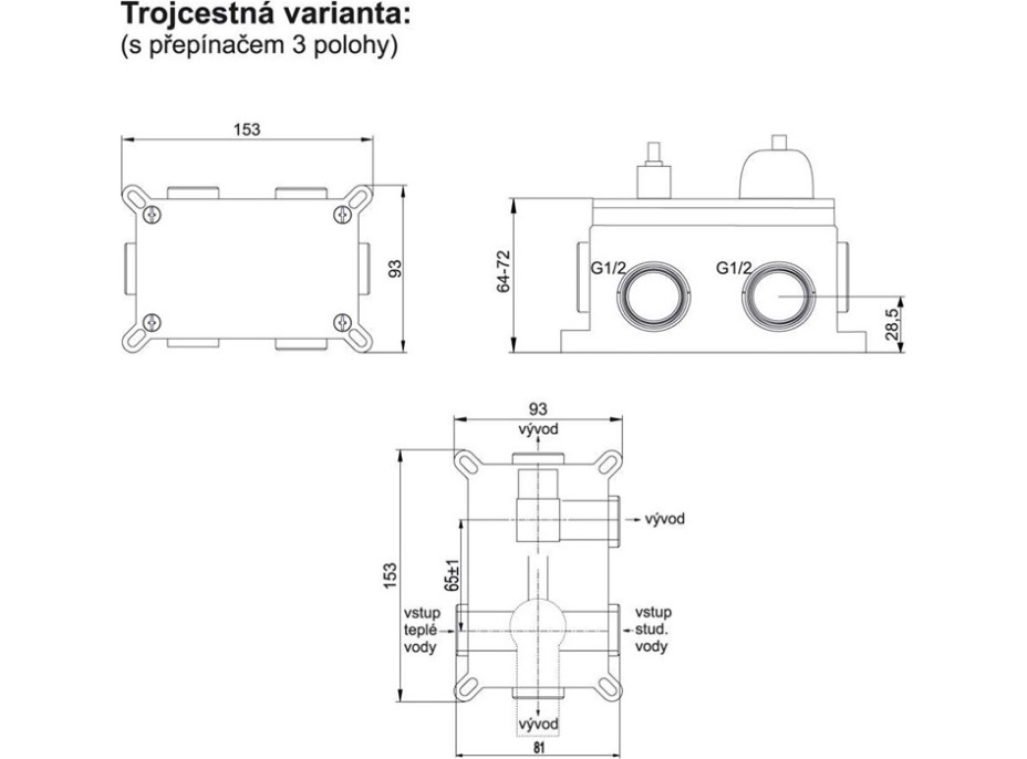 Sprchová podomietková súprava s tyčou - 3 výstupy - hranatý kryt - chrómová