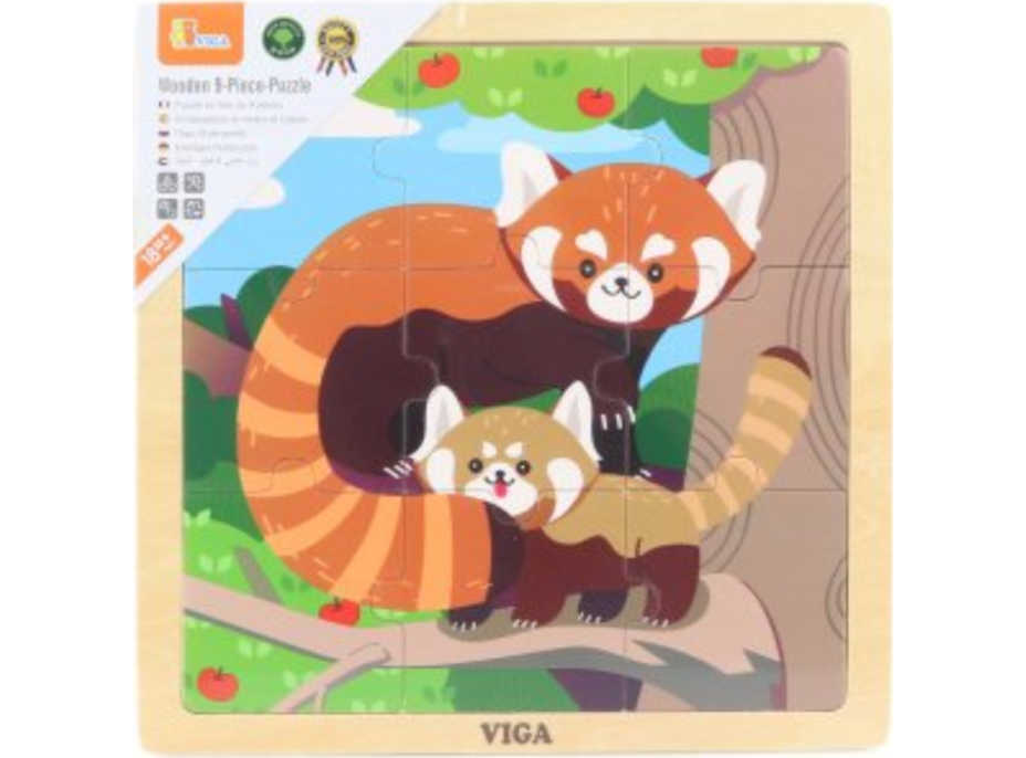 VIGA Drevené puzzle Panda červená, 9 dielikov