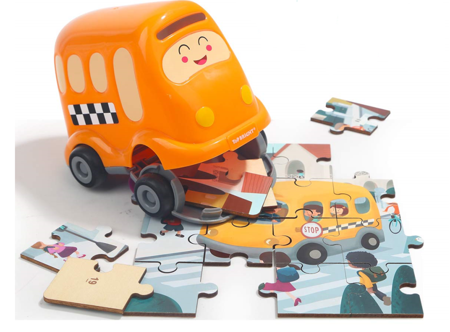 TOP BRIGHT Drevené puzzle s hračkou: Školský autobus 24 dielikov