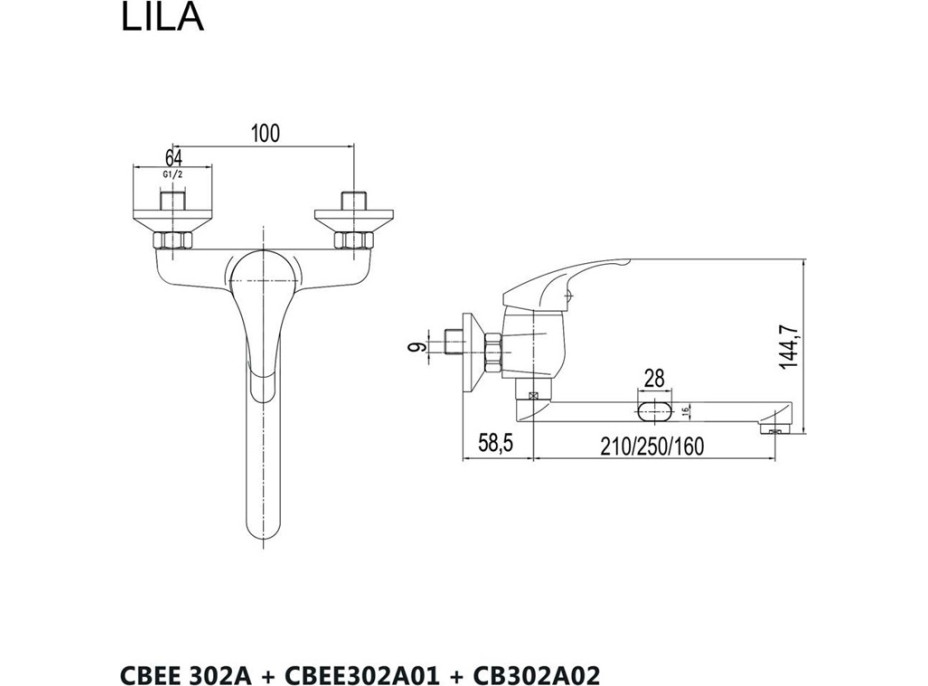 Kuchynská drezová nástenná batéria LILA - ramienko 21 cm - chrómová