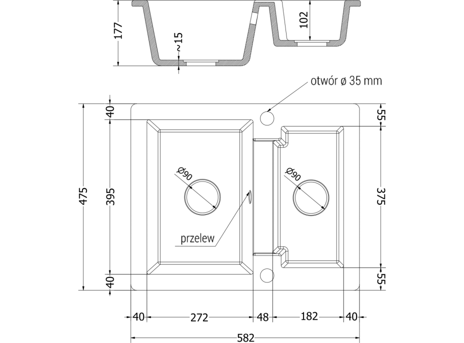 Kuchynský granitový drez MEXEN CARLOS - 58,2x47,5 cm - metalický čierny/strieborný, 6518581500-73