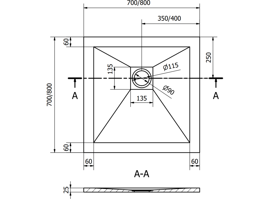 Sprchová vanička MEXEN STONE+ 80x80 cm - tmavo šedá - minerálny kompozit, 44718080