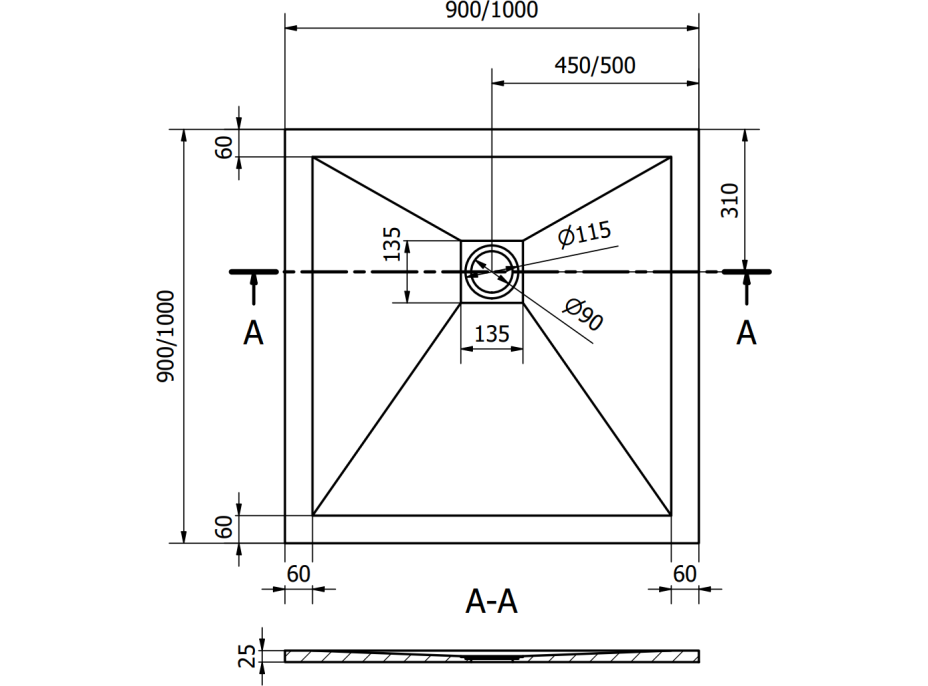 Sprchová vanička MEXEN STONE+ 90x90 cm - čierna - minerálny kompozit, 44709090