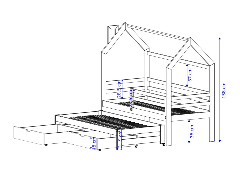 Detská domčeková posteľ s prístelkou a šuplíky DAISY - 200x90 cm - prírodná borovica