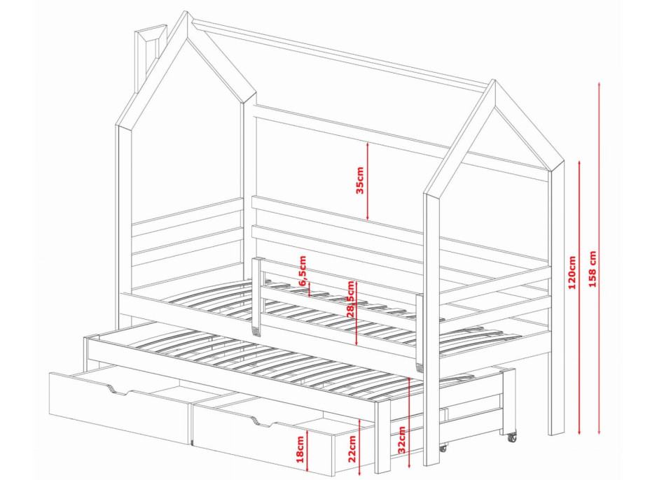 Detská domčeková posteľ s prístelkou a šuplíky DAISY - 200x90 cm - prírodná borovica