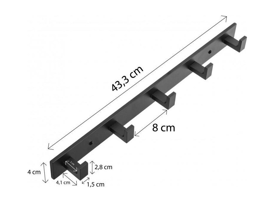 Kúpeľňový vešiak na uteráky TONY s 5 háčikmi - čierny