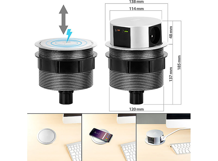 3z + USB A + C + Wireless 10W výsuvný blok zásuviek, kruhový tvar, 2 m, strieborný