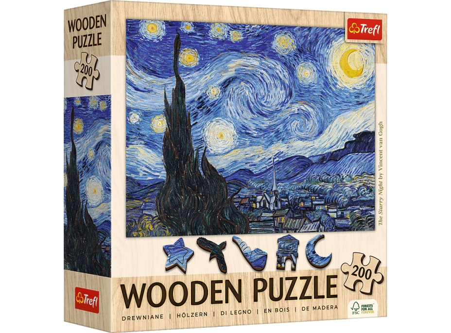 TREFL Drevené puzzle Art: Vincent van Gogh - Hviezdna noc 200 dielikov