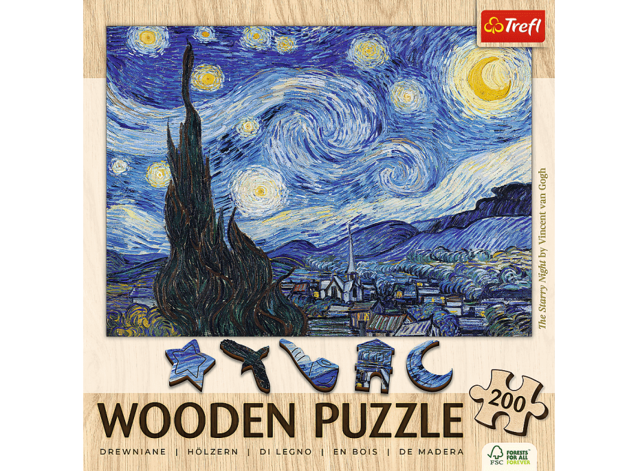 TREFL Drevené puzzle Art: Vincent van Gogh - Hviezdna noc 200 dielikov