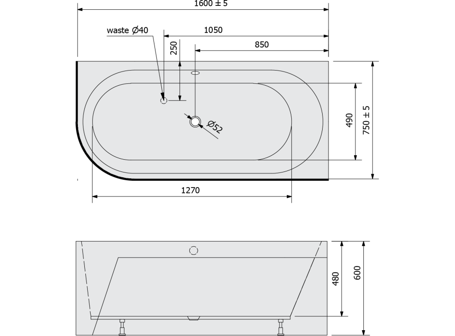 Polysan ASTRA R MONOLITH asymetrická vaňa 160x75x60cm, biela 34611M